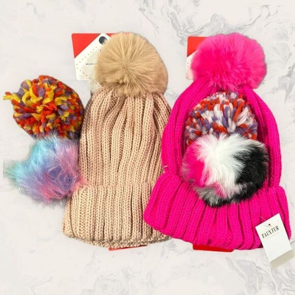 NWT Nordstrom BP. Bundle of two Ribbed Beanie with Interchangeable Faux Fur Pom - Picture 1 of 3